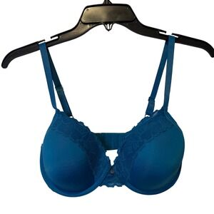 Natori Teal Lace Trim Balconette Bra 32D Underwire Padded‎ Adjustable Straps
